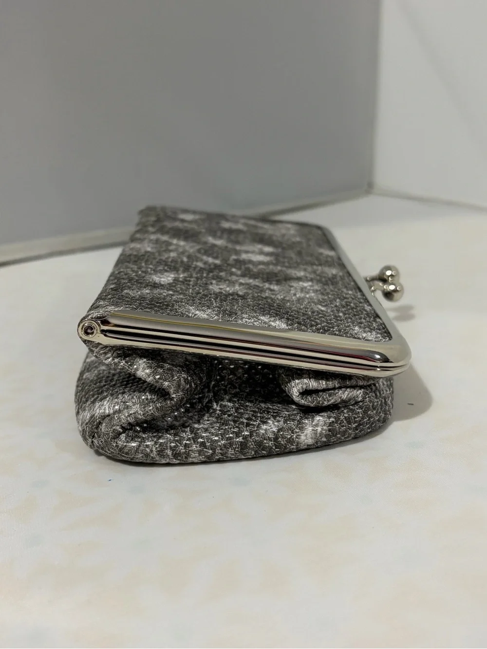 Elegant Gray Faux Snakeskin Cosmetic Case with Silver Frame